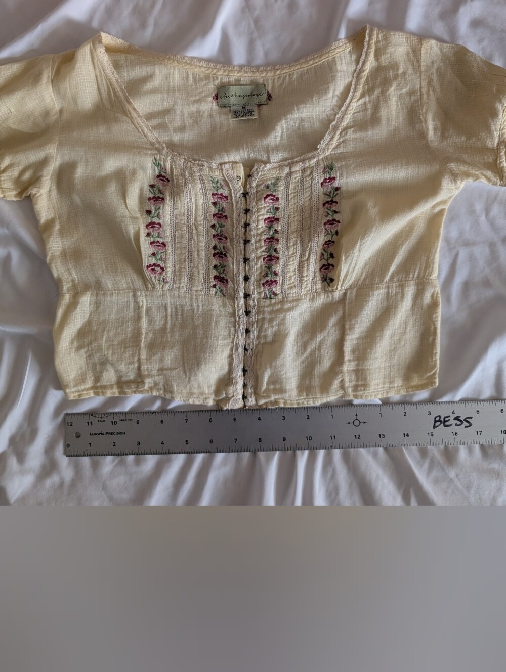 Anthropologie Cream Embroidered Cotton Peasant Top with Pink & Green Detail - Picture 1 of 6